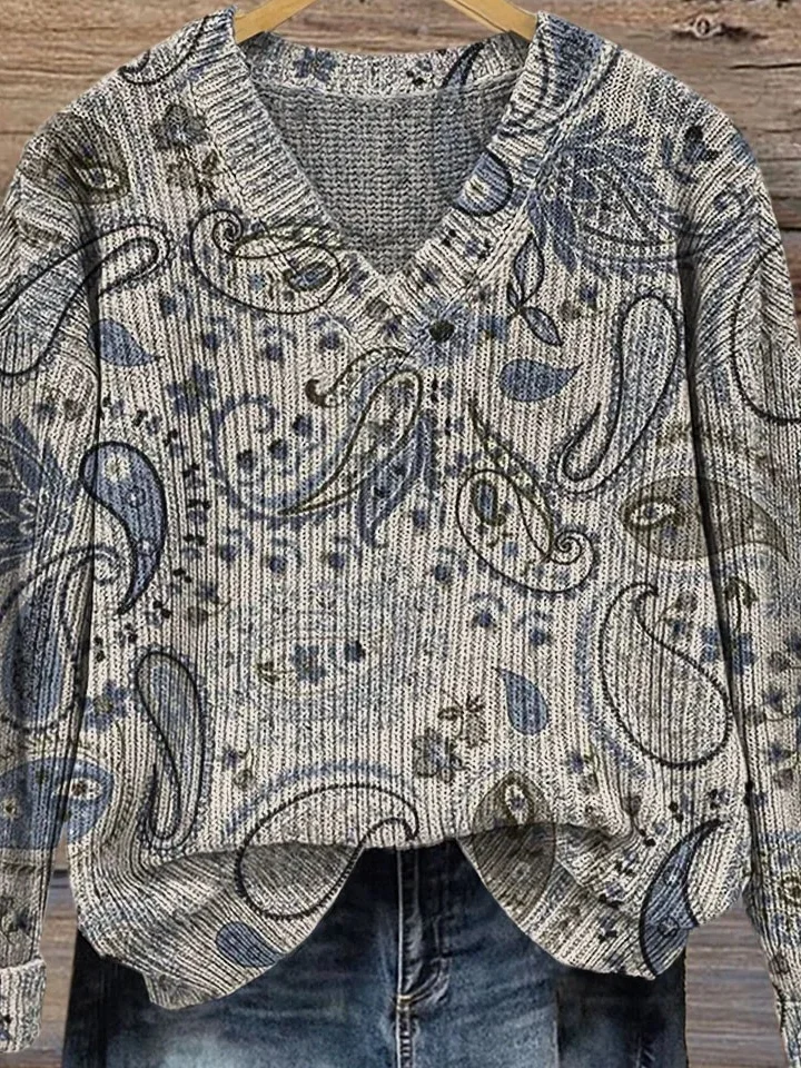 Women Floral Long Sleeve Comfy Vintage Sweater