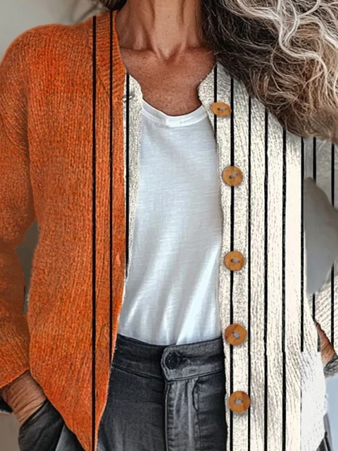 Women Knitted Striped Long Sleeve Comfy Vintage Cardigan