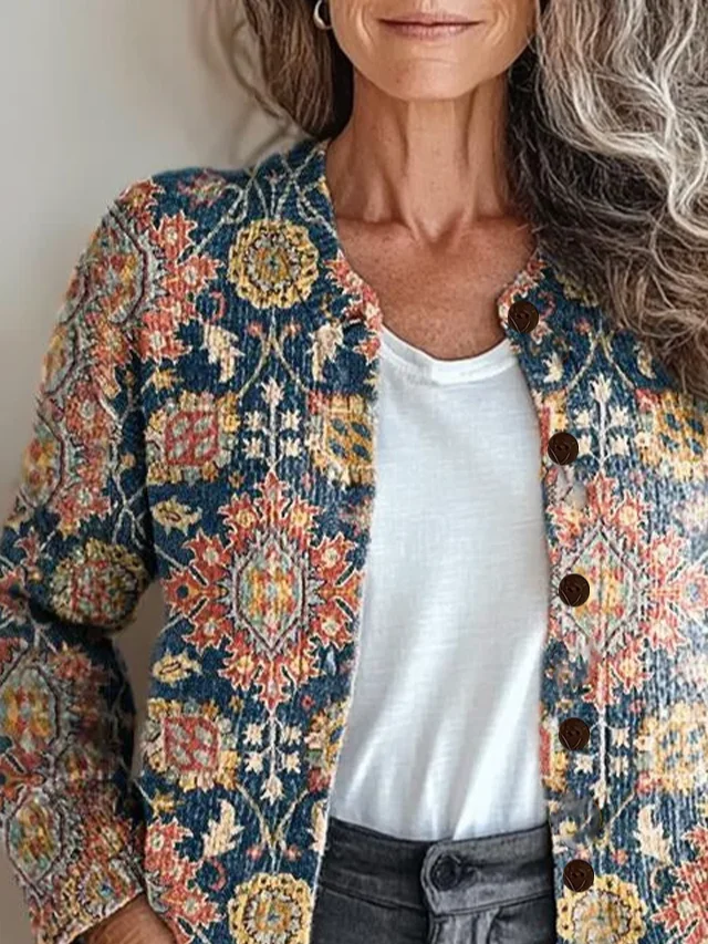 Women Floral Long Sleeve Comfy Vintage Printing Cardigan