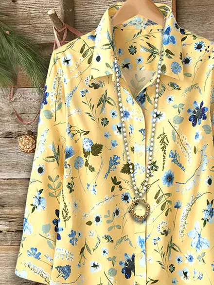 Shirt Collar Regular Sleeve Long Sleeve Floral Buckle Regular Loose Button Up Shirt Shirt For Women