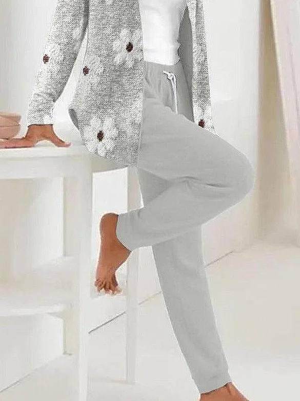 Women Floral Printing Two-Piece Set Daily Long Sleeve Casual Spring/Fall Coat With Pants Matching Set