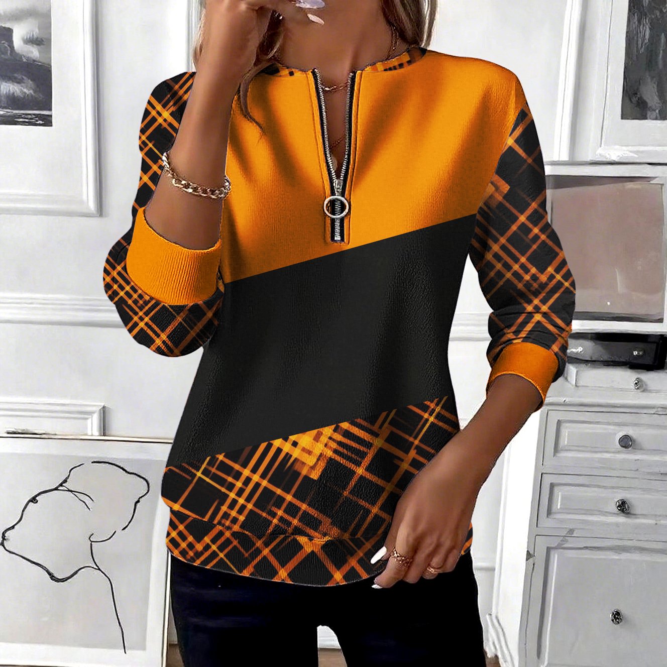 Casual Stand Collar Geometric Sweatshirt