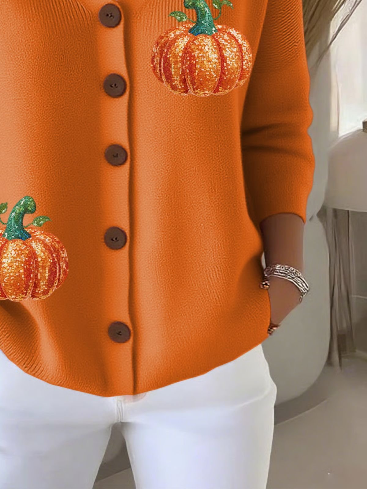 Women Cotton Pumpkin Pattern Long Sleeve Comfy Casual Cardigan