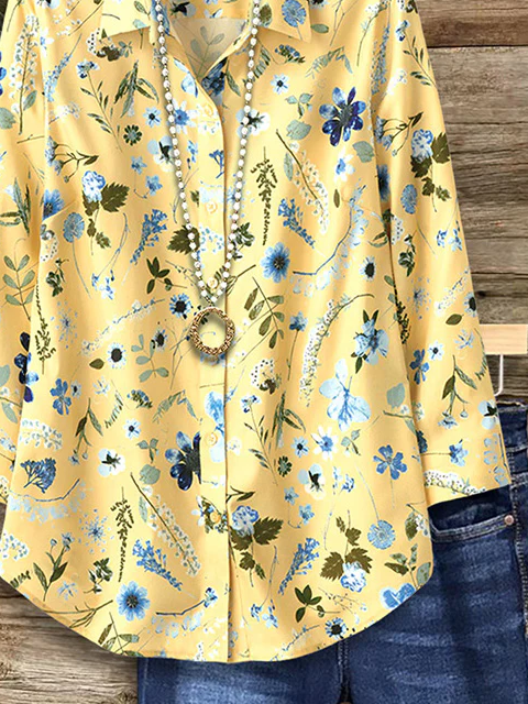 Shirt Collar Regular Sleeve Long Sleeve Floral Buckle Regular Loose Button Up Shirt Shirt For Women