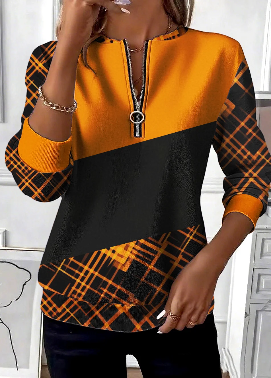 Casual Stand Collar Geometric Sweatshirt