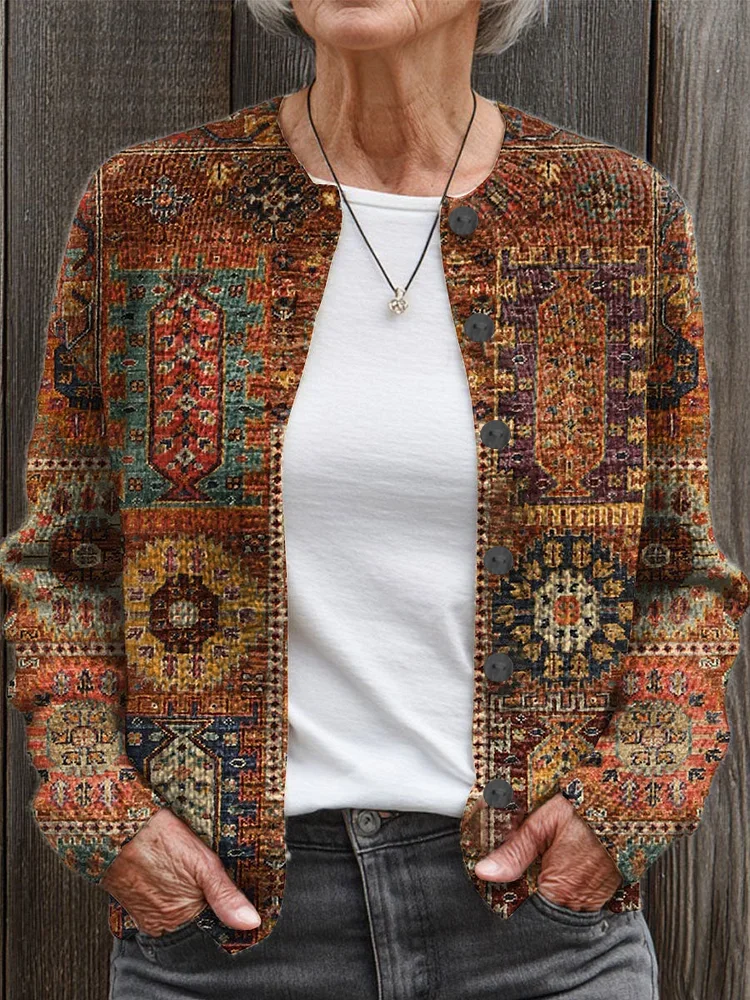 Women Abstract Long Sleeve Comfy Vintage Printing Cardigan