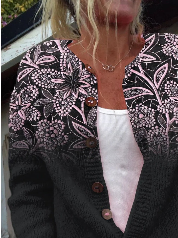 Women Knitted Floral Long Sleeve Comfy Vintage Cardigan