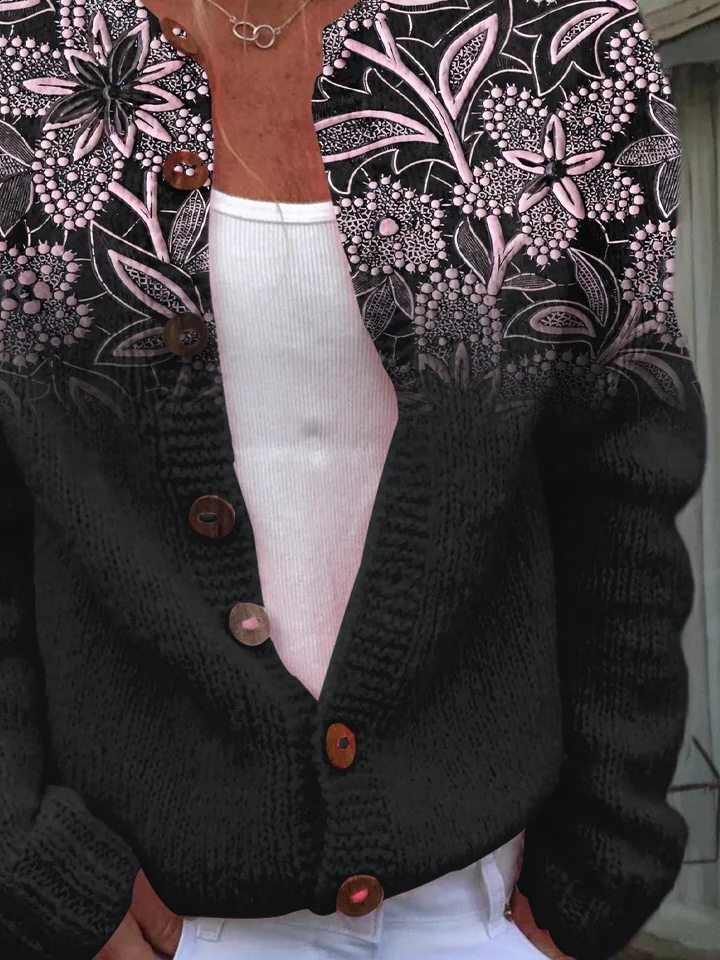 Women Knitted Floral Long Sleeve Comfy Vintage Cardigan