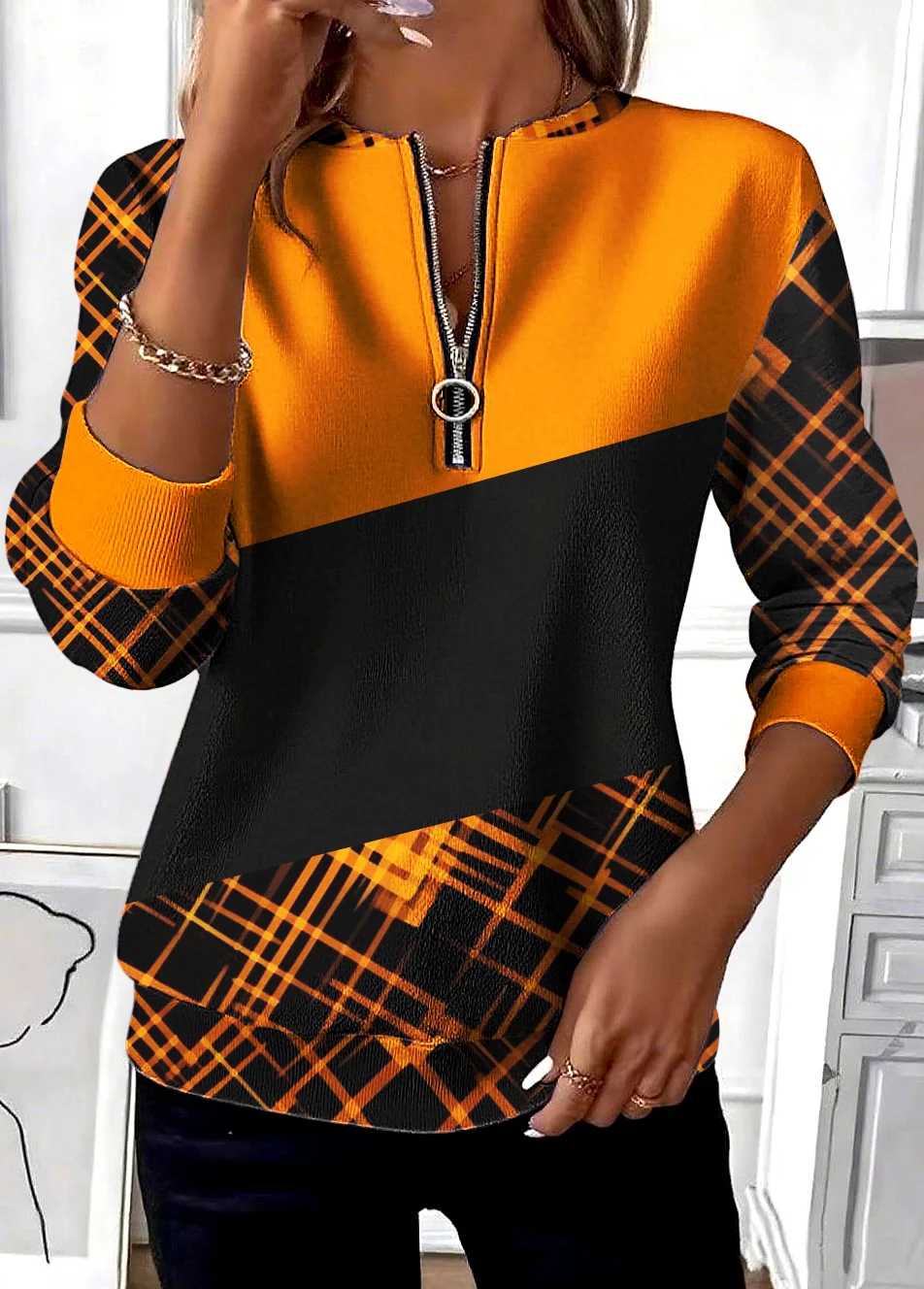 Casual Stand Collar Geometric Sweatshirt