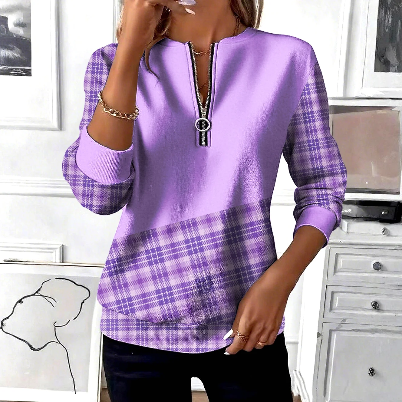 Casual Stand Collar Geometric Sweatshirt