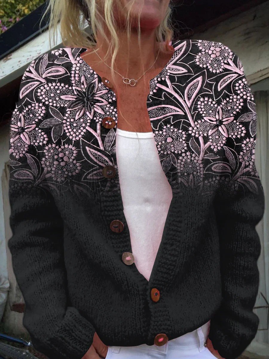 Women Knitted Floral Long Sleeve Comfy Vintage Cardigan