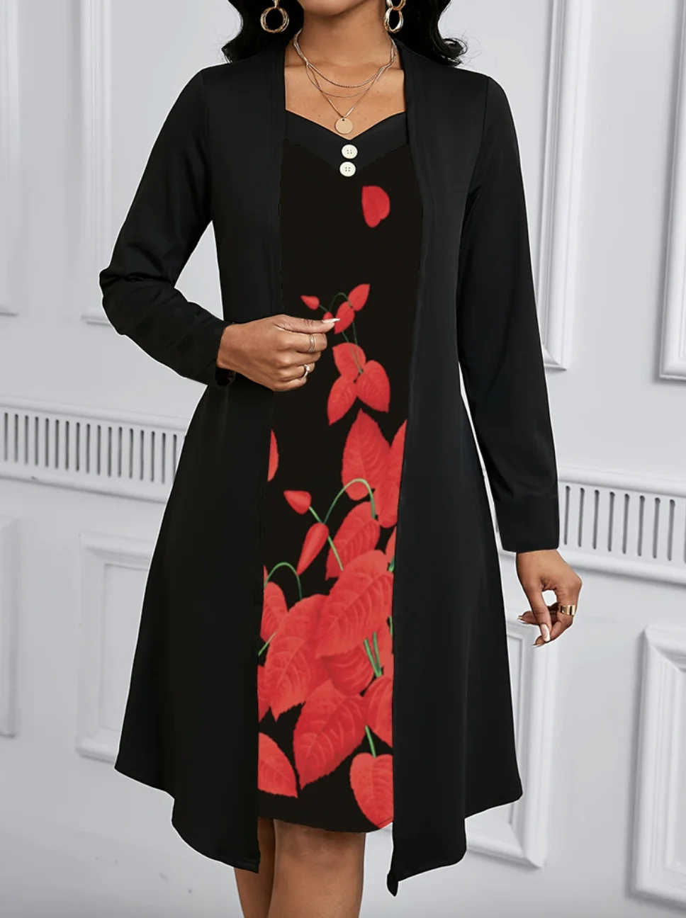 Women Floral Spring/Fall Dress V Neck Long Sleeve A-Line Dress