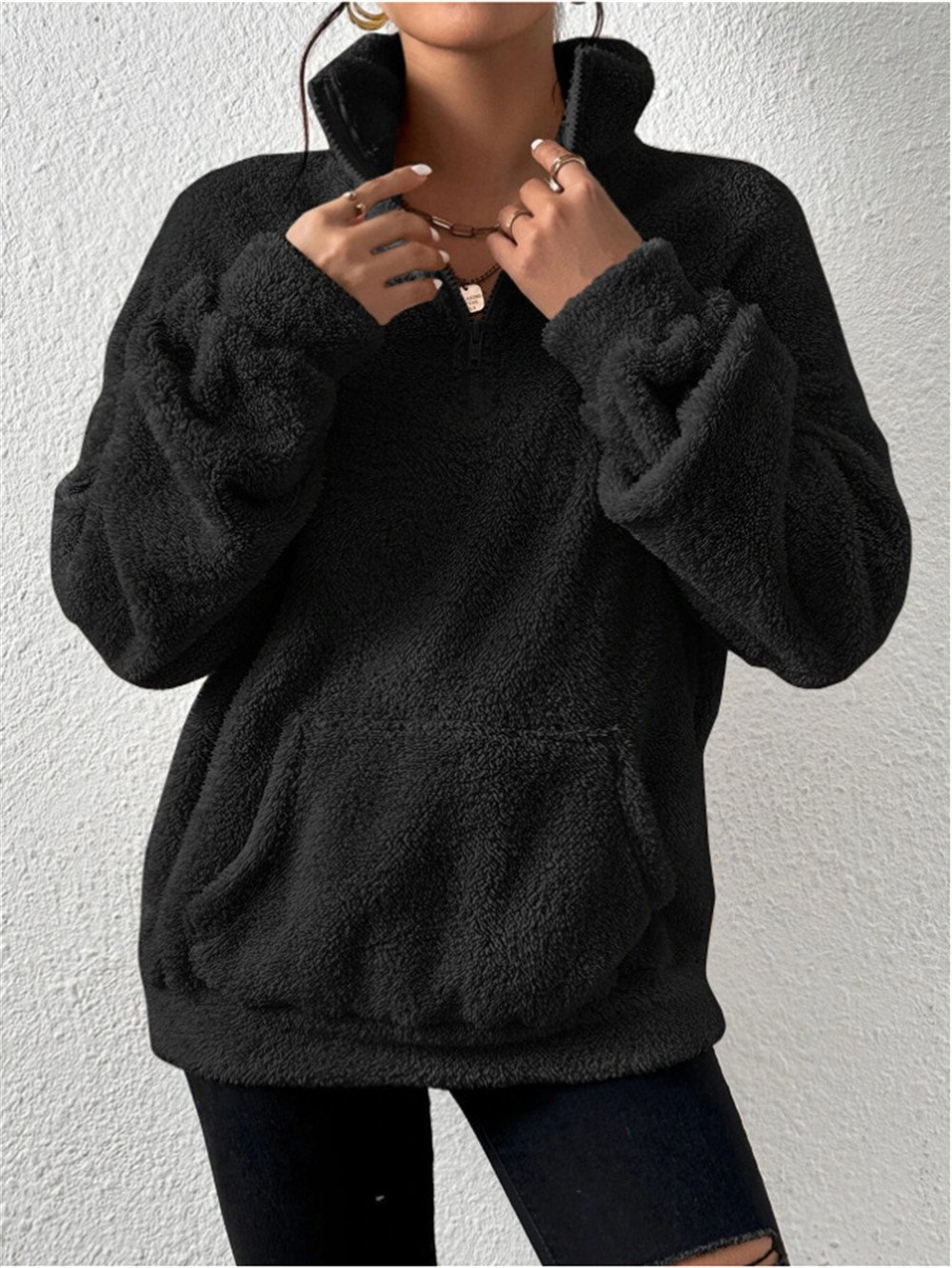 Vintage Mock Neck Plain Sweatshirt Split Joint