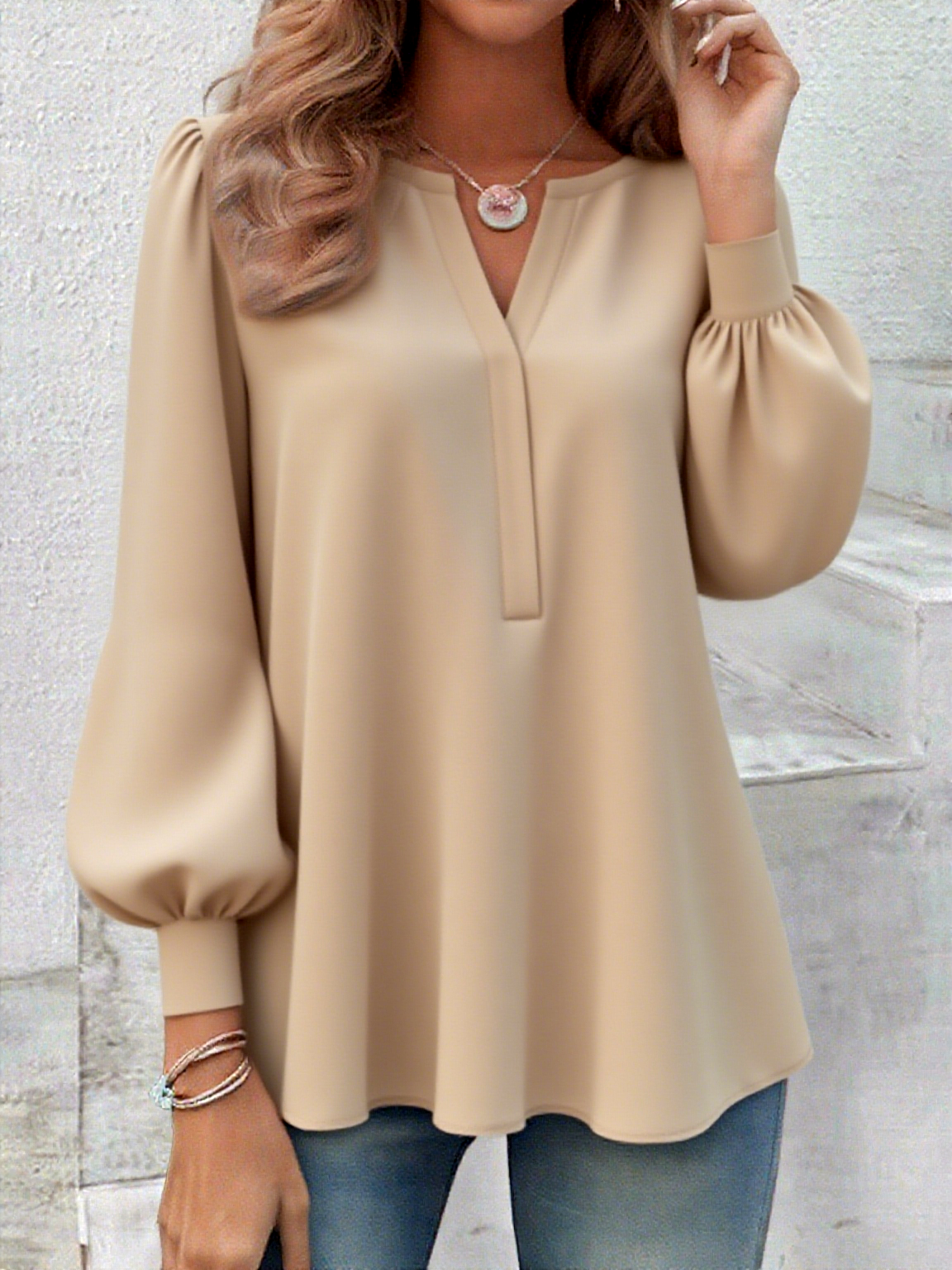 V Neck Long Sleeve Plain Regular Micro-Elasticity Regular Fit Shirt For Women