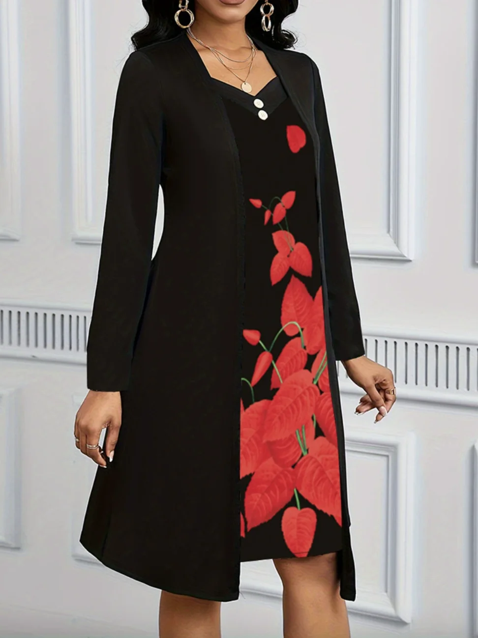 Women Floral Spring/Fall Dress V Neck Long Sleeve A-Line Dress