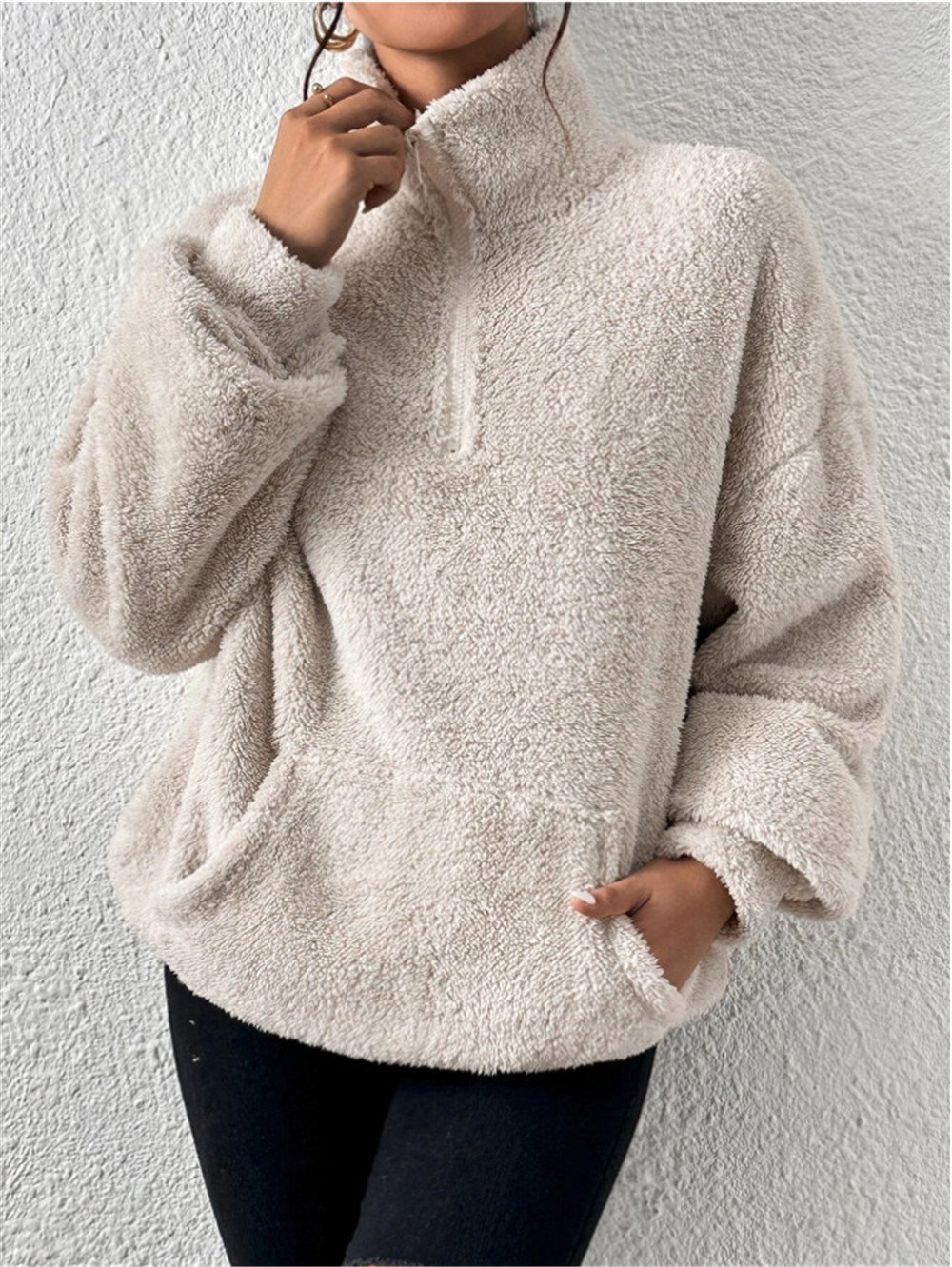 Vintage Mock Neck Plain Sweatshirt Split Joint