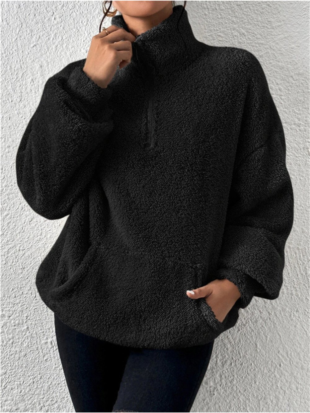 Vintage Mock Neck Plain Sweatshirt Split Joint