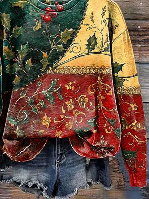 Casual Crew Neck Floral Sweatshirt Printing