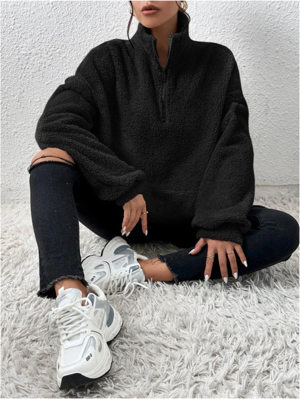 Vintage Mock Neck Plain Sweatshirt Split Joint