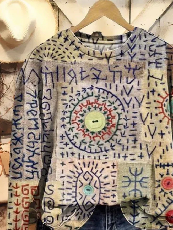 Casual Crew Neck Abstract Sweatshirt Printing