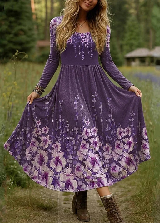 Women Floral Spring/Fall Dress V Neck Long Sleeve A-Line Dress