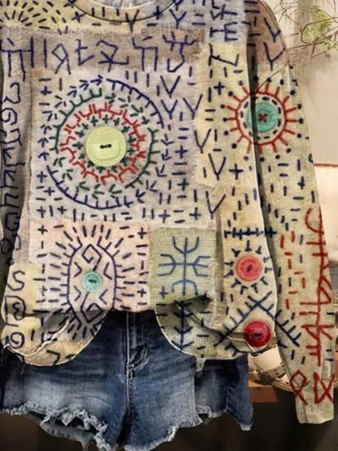 Casual Crew Neck Abstract Sweatshirt Printing