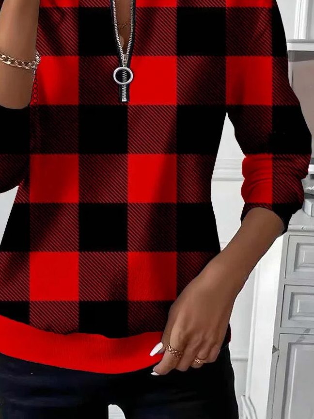 Casual Crew Neck Plaid Sweatshirt Printing
