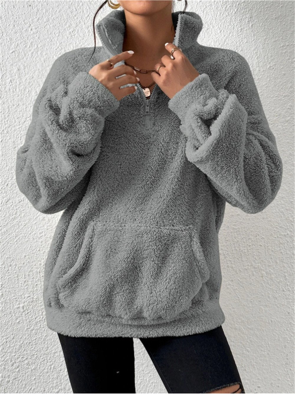 Vintage Mock Neck Plain Sweatshirt Split Joint