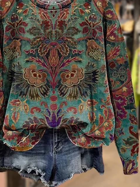 Casual Crew Neck Floral Sweatshirt Printing