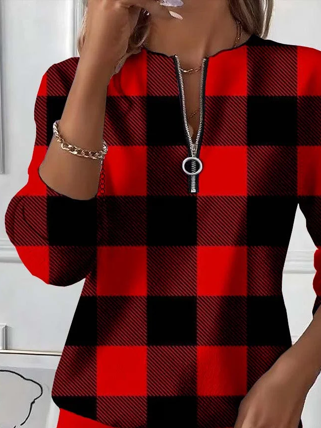 Casual Crew Neck Plaid Sweatshirt Printing