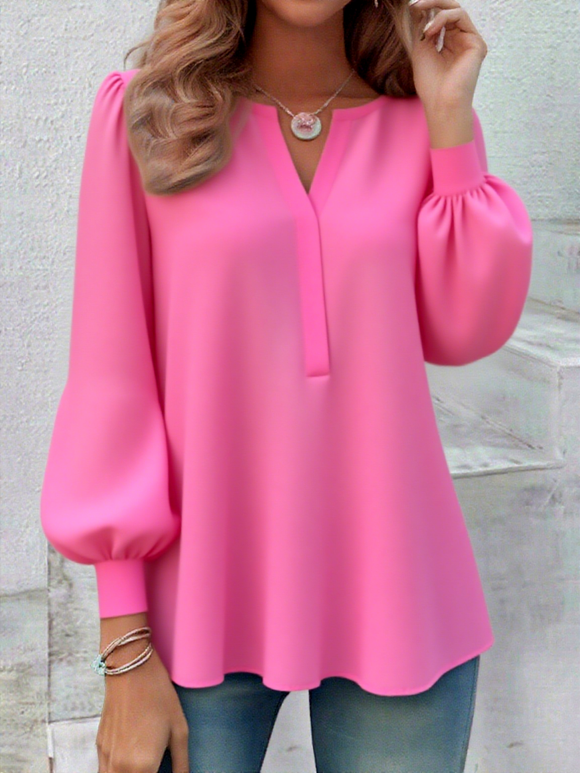 V Neck Long Sleeve Plain Regular Micro-Elasticity Regular Fit Shirt For Women