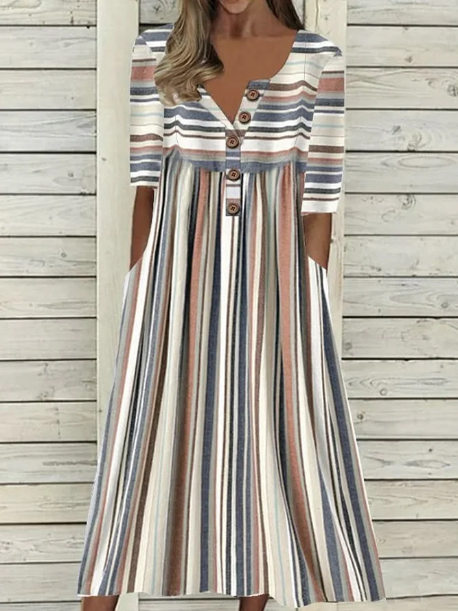 Women Striped Half Open Collar Half Sleeve Comfy Casual Printing Maxi Dress
