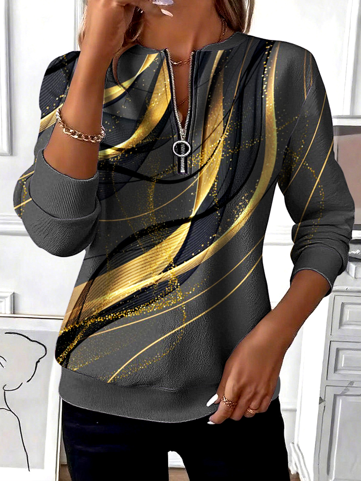 Casual Stand Collar Geometric Sweatshirt