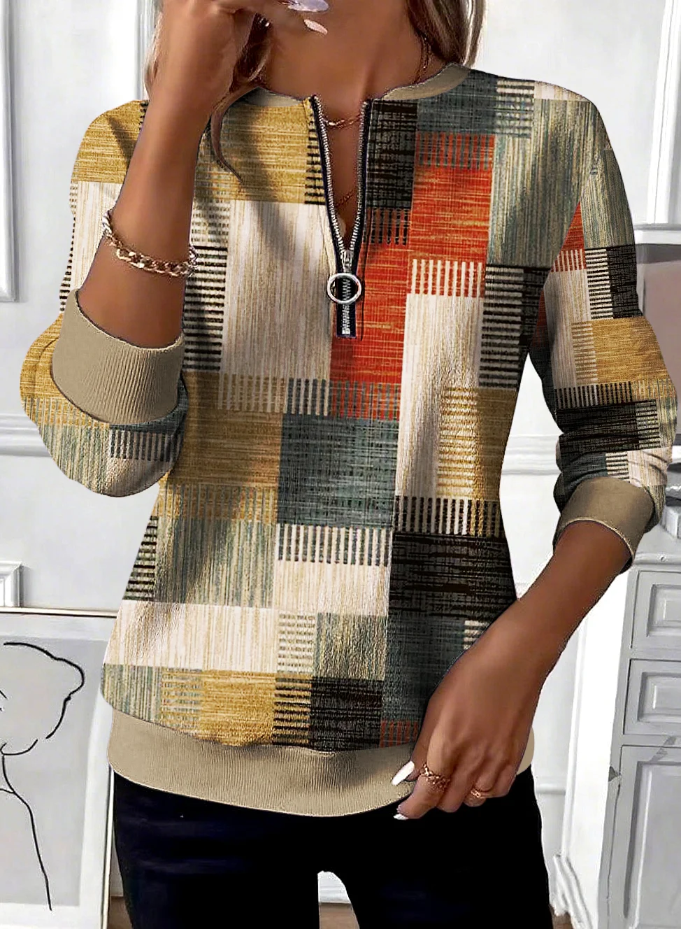 Casual Stand Collar Geometric Sweatshirt