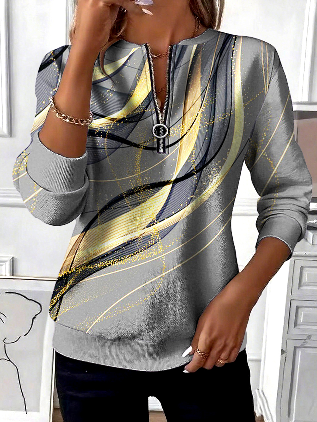 Casual Stand Collar Geometric Sweatshirt