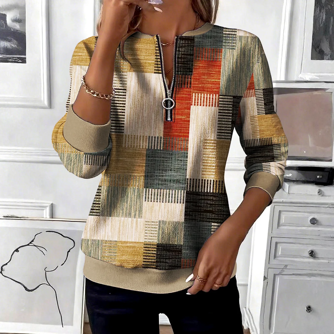 Casual Stand Collar Geometric Sweatshirt