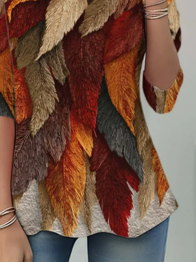 Casual Leaf Crew Neck Long Sleeve T-shirt