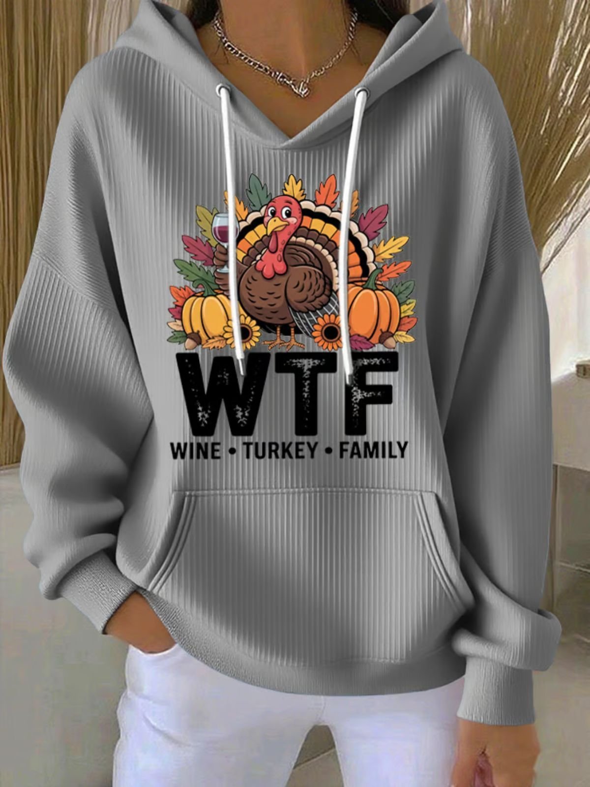 Vintage Thanksgiving Day Hooded Turkey Print Comfy Hoodie