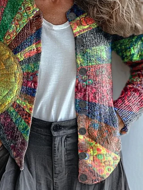 Women Abstract Long Sleeve Comfy Vintage Printing Cardigan