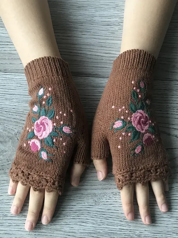 Knitted Boho Floral Autumn And Winter Ins Embroidered Women's Warm Gloves Bee Flower Adult Knitted Gloves Embroidered Wool Gloves