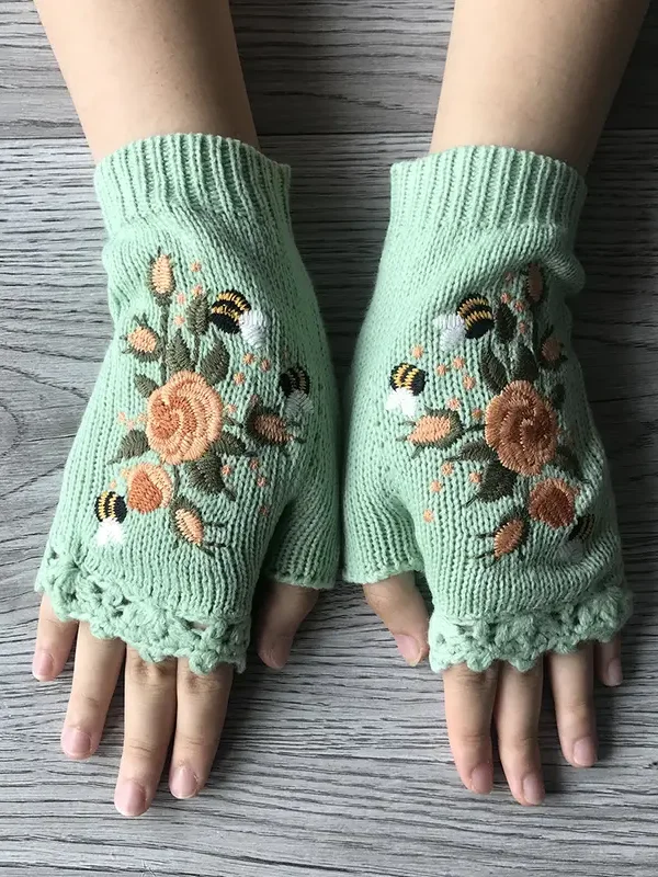 Knitted Boho Floral Autumn And Winter Ins Embroidered Women's Warm Gloves Bee Flower Adult Knitted Gloves Embroidered Wool Gloves