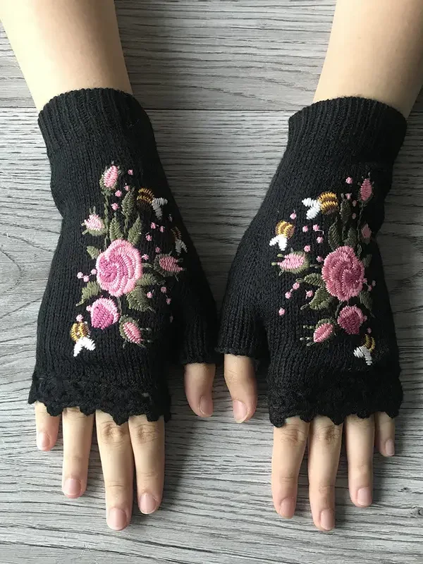 Knitted Boho Floral Autumn And Winter Ins Embroidered Women's Warm Gloves Bee Flower Adult Knitted Gloves Embroidered Wool Gloves