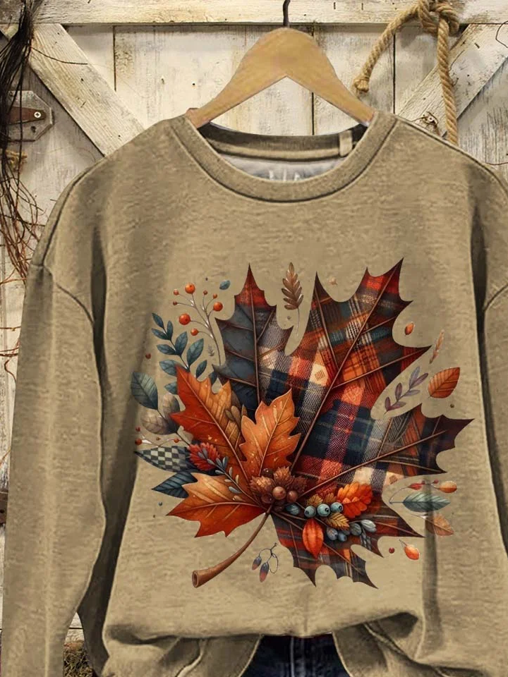 Casual Crew Neck Maple Leaf Sweatshirt Printing
