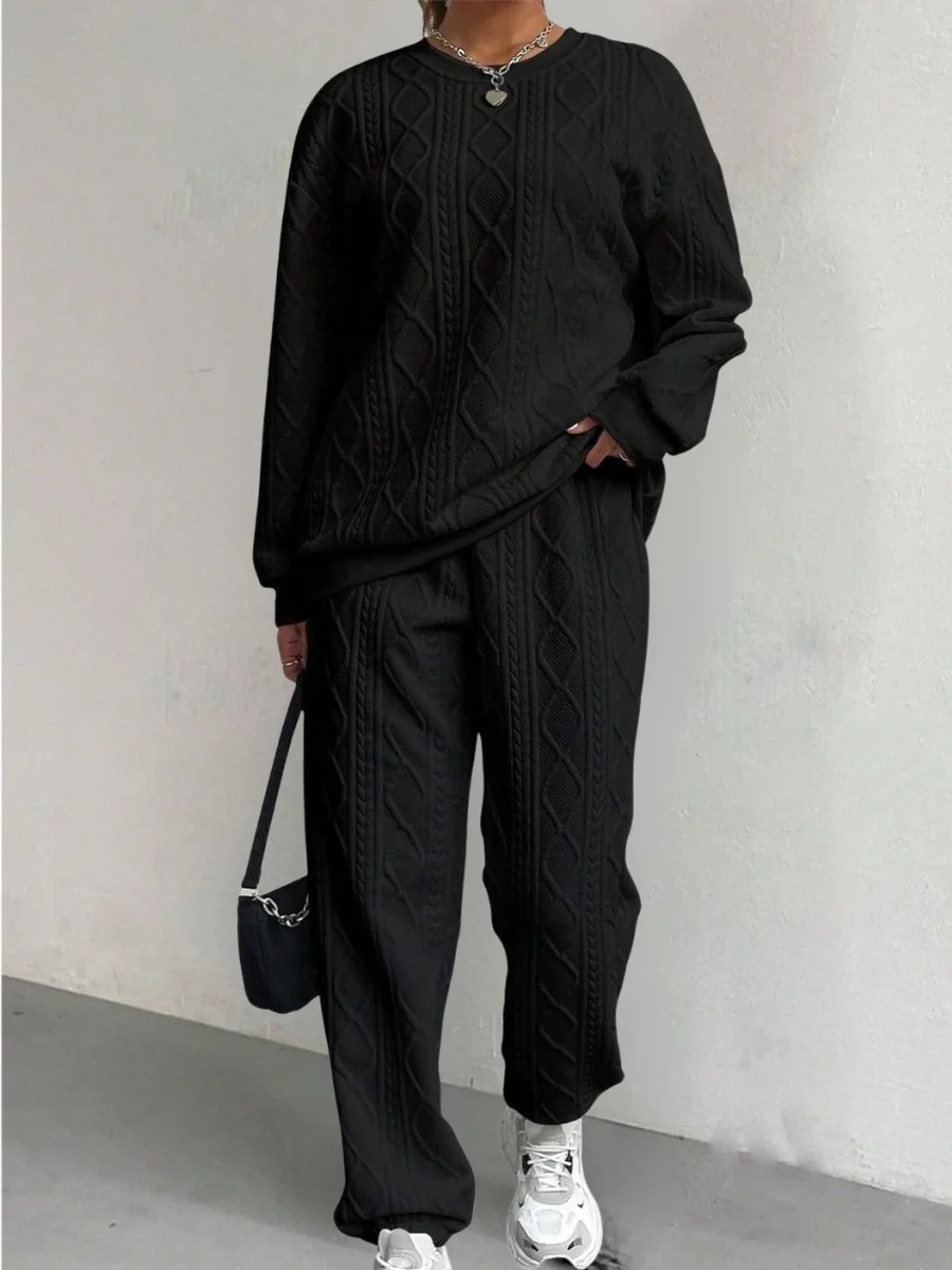 Women Plain Embossed Two-Piece Set Daily Long Sleeve Casual Spring/Fall Top With Pants Matching Set