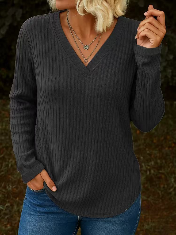 Casual Plain V Neck Long Sleeve T-shirt
