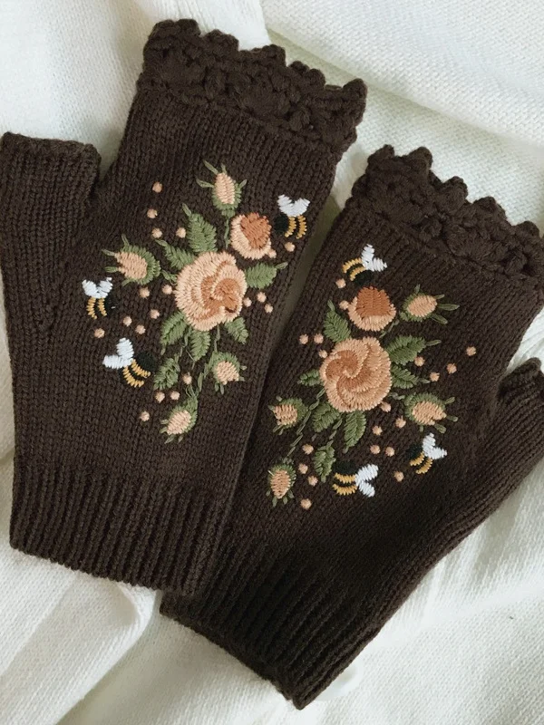 Knitted Boho Floral Autumn And Winter Ins Embroidered Women's Warm Gloves Bee Flower Adult Knitted Gloves Embroidered Wool Gloves