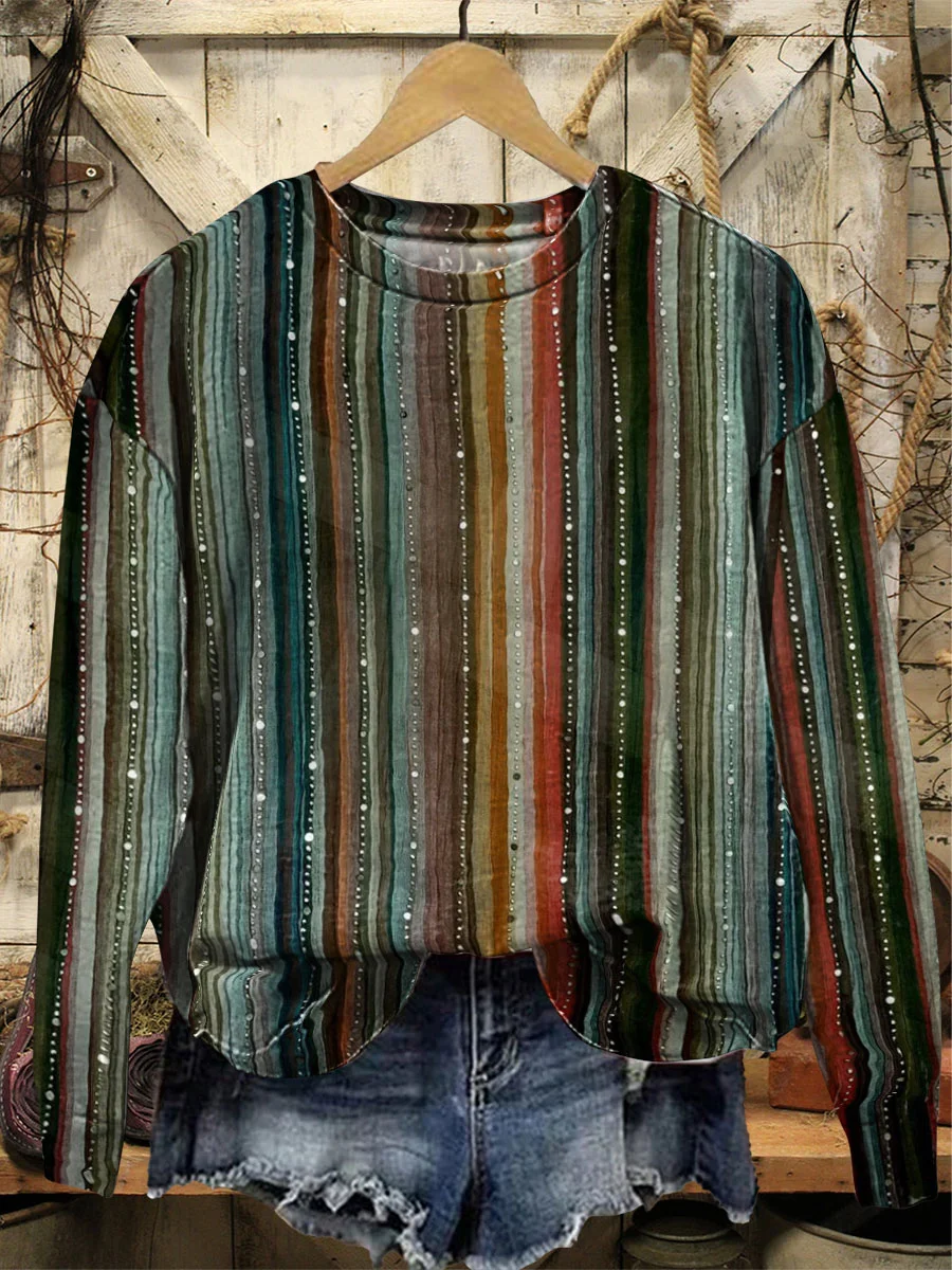 Casual Crew Neck Striped Sweatshirt Printing