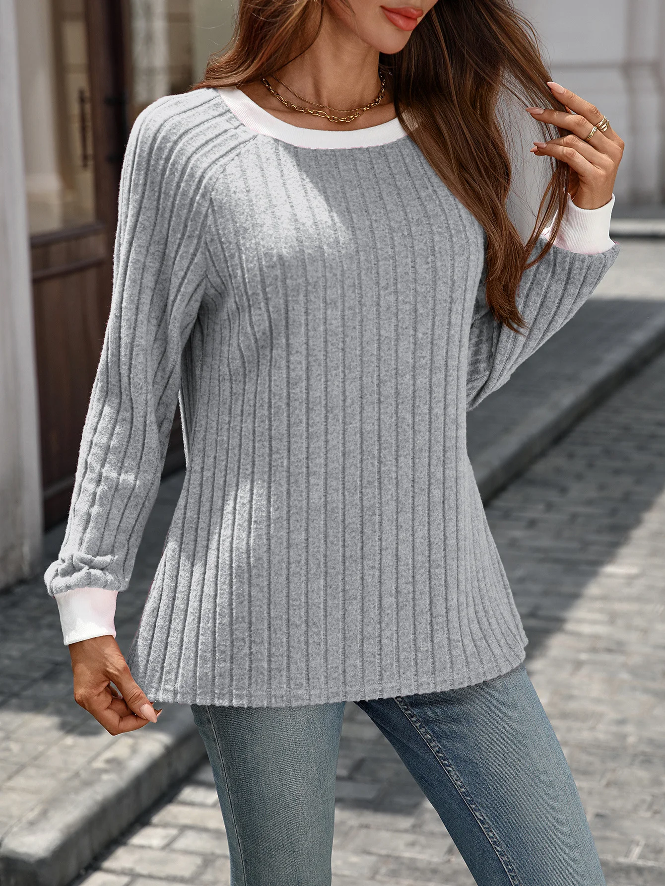 Casual Color Block Crew Neck Long Sleeve T-shirt