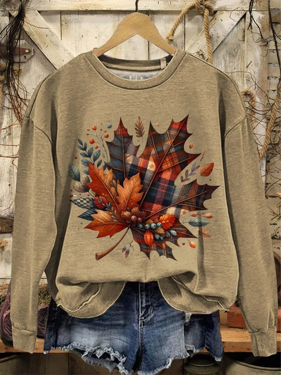 Casual Crew Neck Maple Leaf Sweatshirt Printing