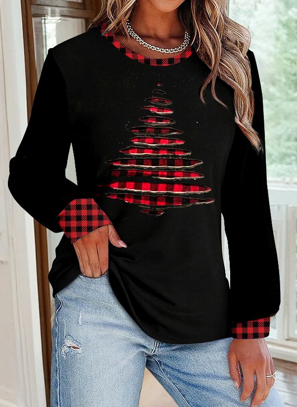 Casual Christmas Crew Neck Color Block Sweatshirt